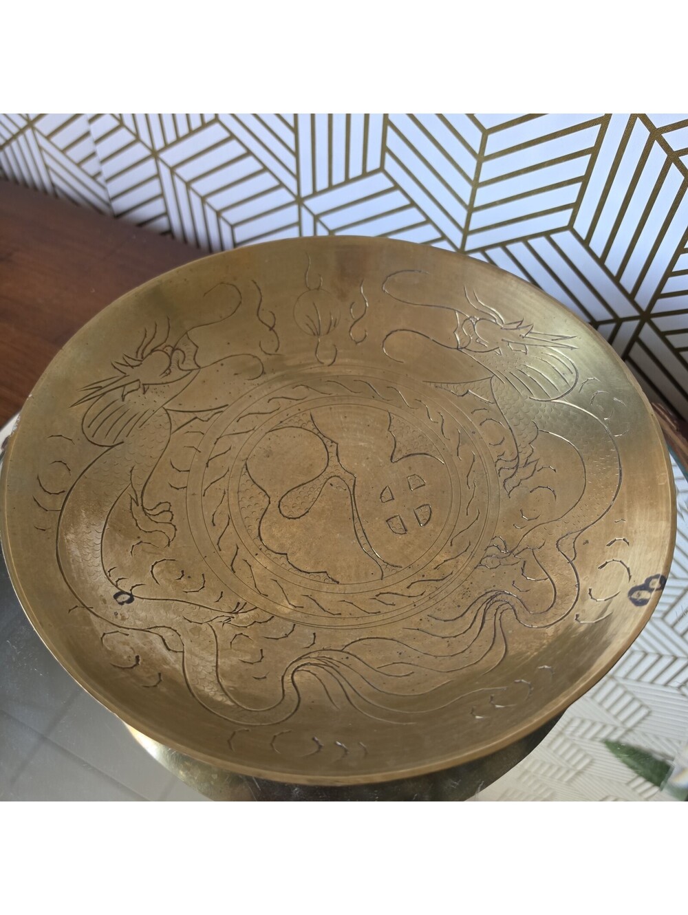 Vintage Brass Bowl Plate 10" Engraved Etched Dragon Chinese Dish